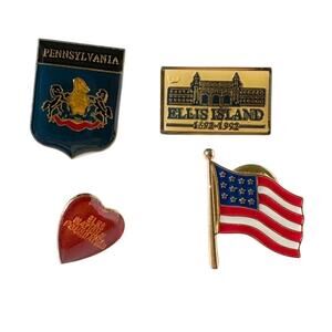 Vintage Enamel Pins Lot of 4 American Flag Pennsylvania Ellis Island Heart Retro
